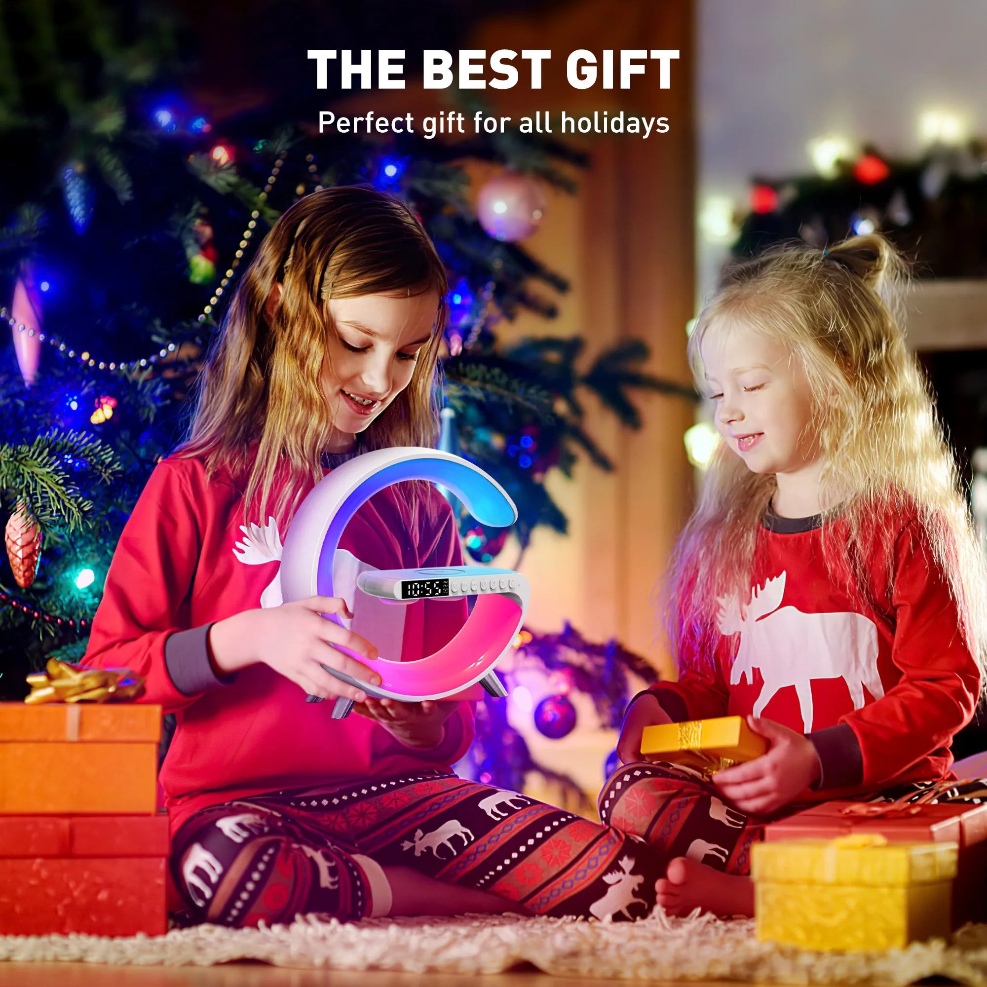 GPED Alarm Clock, Digital Alarm Clock Radio with Wireless Charging & LED Table Lamp