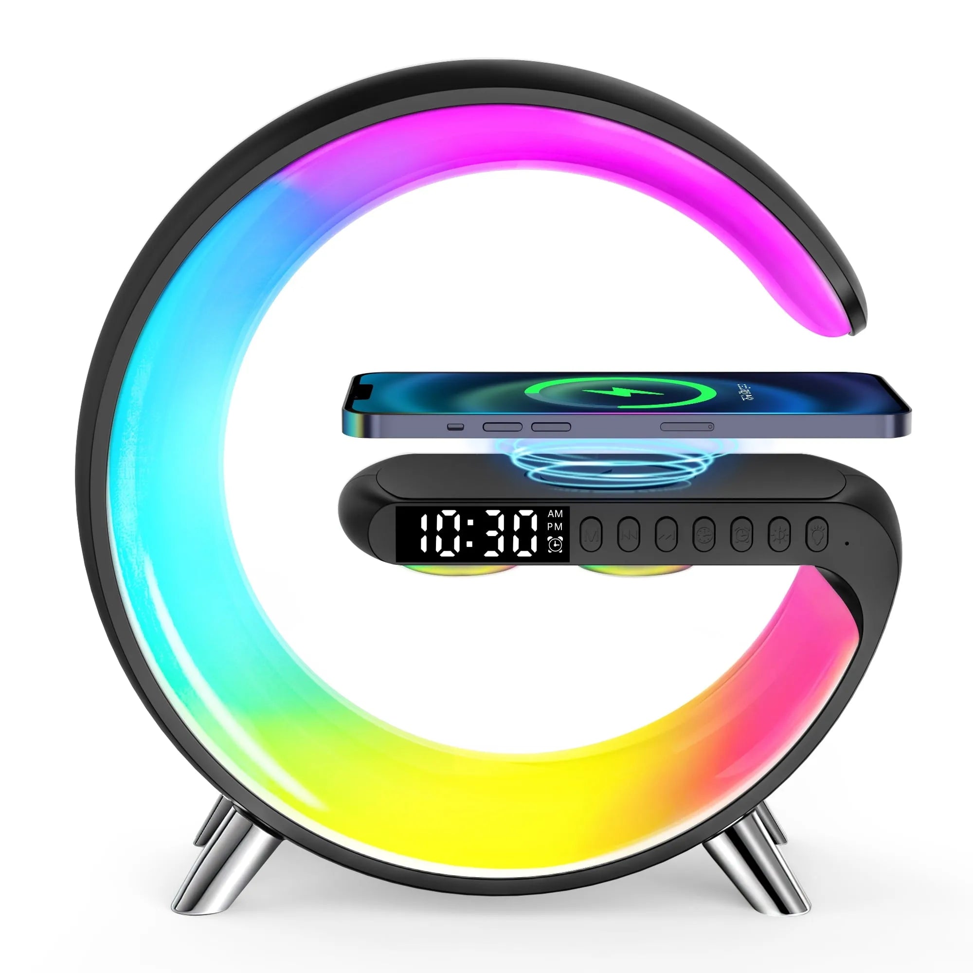 GPED Alarm Clock, Digital Alarm Clock Radio with Wireless Charging & LED Table Lamp